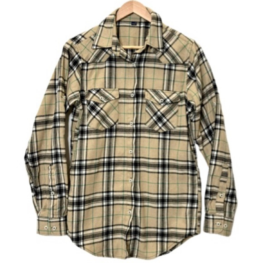 Design in Italy Western Flannel Plaid Button Down Shirt Womens Size Small Khaki